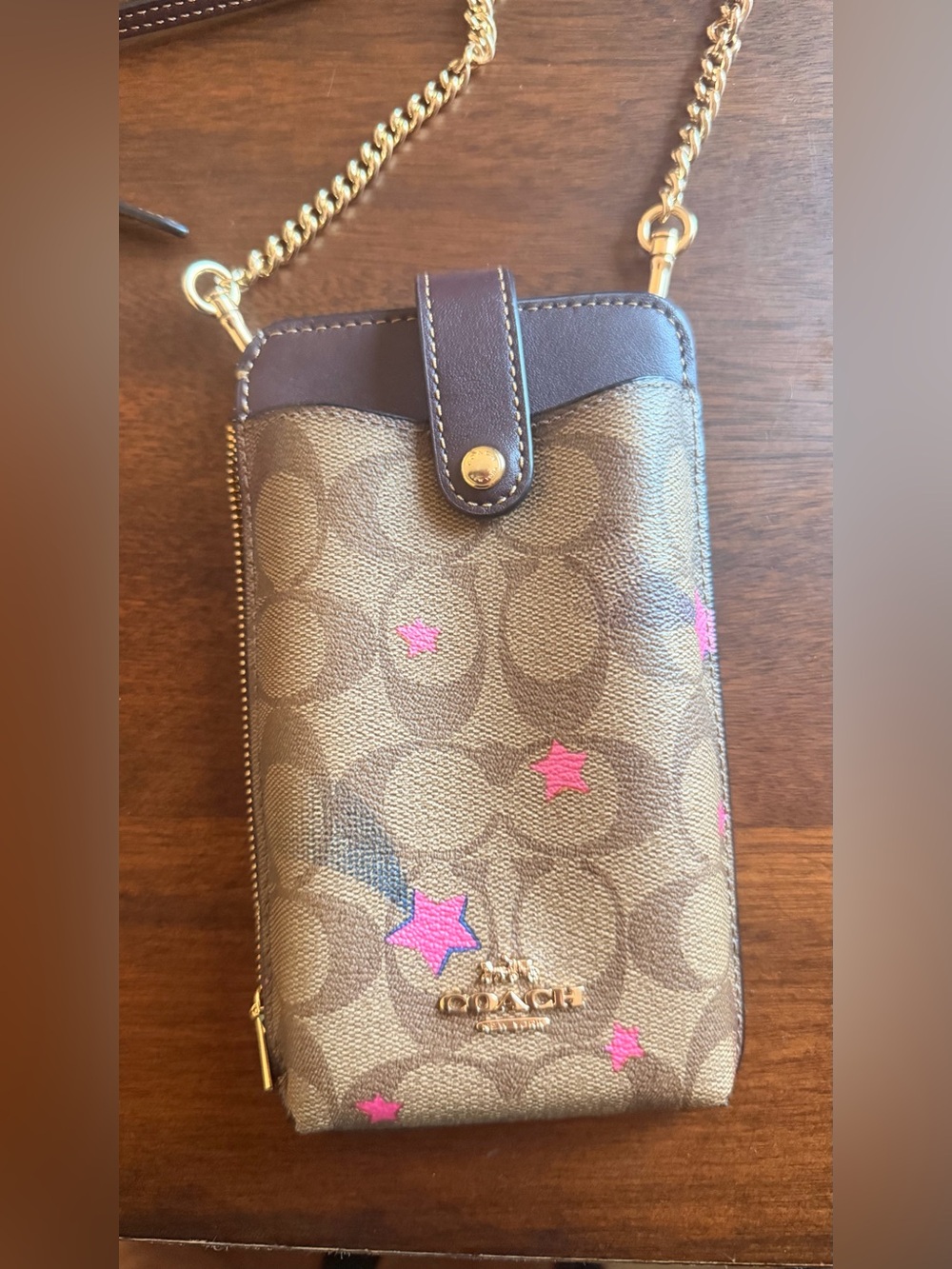 Coach Brown Signature Star Crossbody Phone Wallet with Pink Accents - Picture 4 of 4